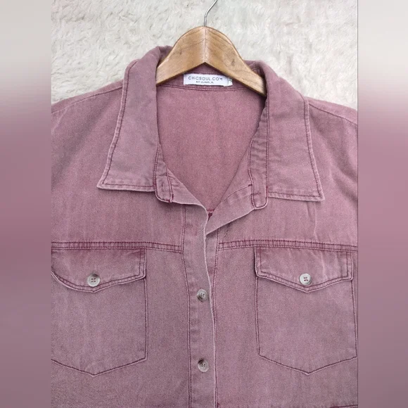 Chic Soul Ruffled Tiered Button Up Dress Plus 1X Mauve Pink Denim Jean Casual - Picture 7 of 7